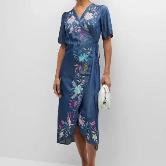 Johnny Was Nico chambray floral embroidery wrap dress
